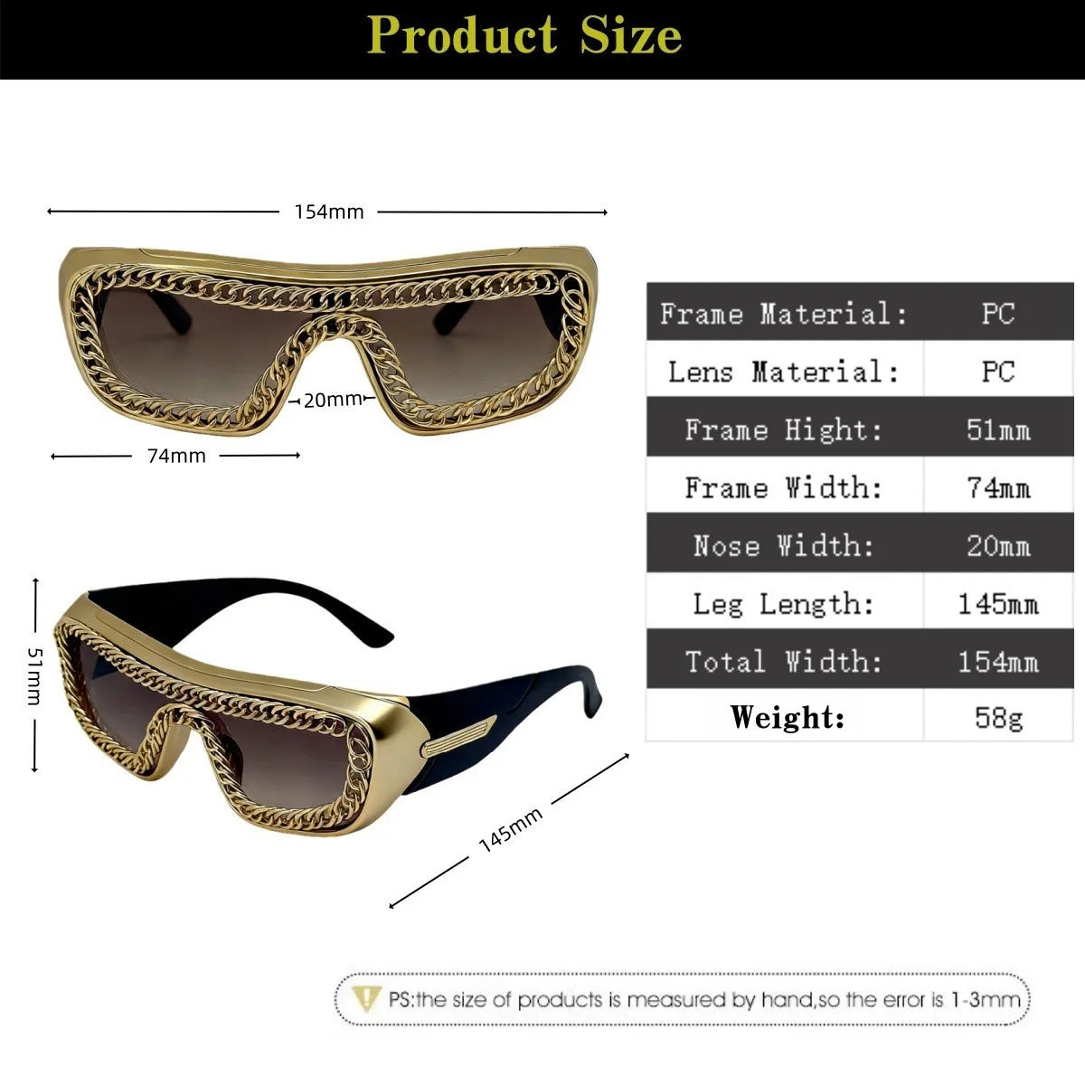 Luxury Gold Chain Small Rectangle Sunglasses Man Thick Frame Punk Rock Hip Hop Party Cool Shades UV400 gafas sol hombre
