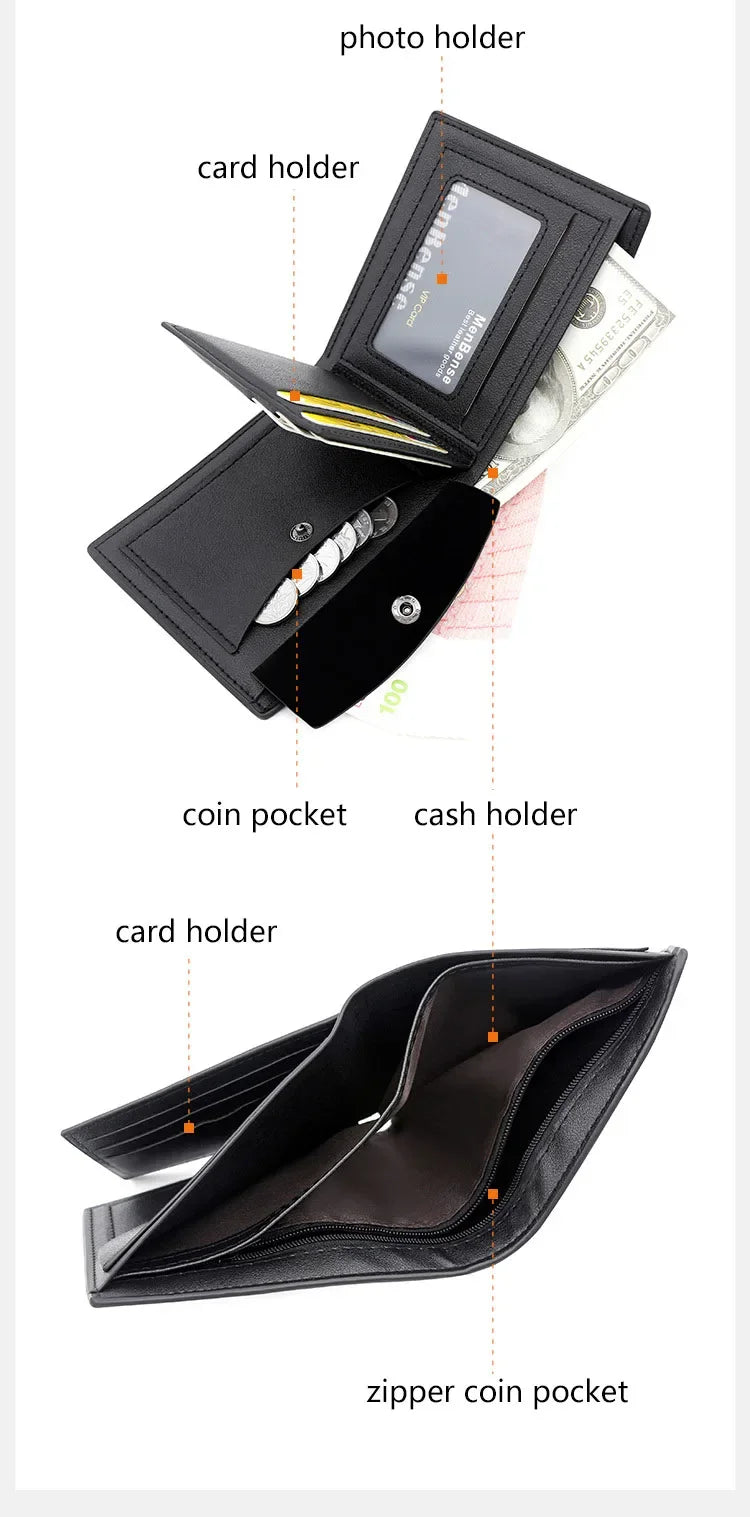 Slim Men's Wallet - New Short Zipper Design, Card & Photo Holder, Simple Coin Pocket - High - Quality PU Leather