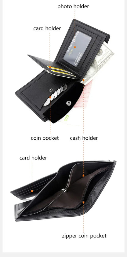Slim Men's Wallet - New Short Zipper Design, Card & Photo Holder, Simple Coin Pocket - High - Quality PU Leather