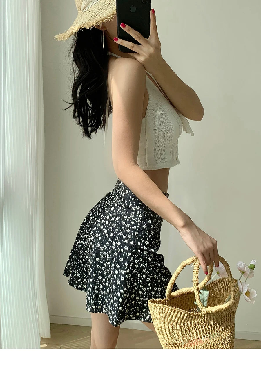 2024 Summer New Retro Vacation Style Small Floral Half Skirt High Waisted Wrap Buttocks Elegant Sweet Slim Short Skirt 06AH