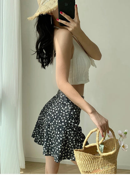 2024 Summer New Retro Vacation Style Small Floral Half Skirt High Waisted Wrap Buttocks Elegant Sweet Slim Short Skirt 06AH