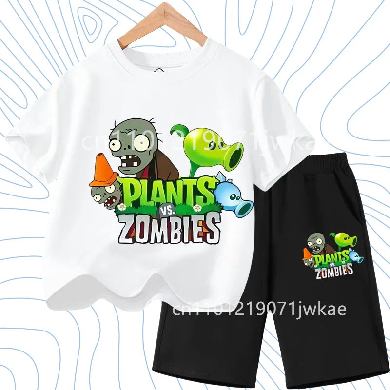 Children's Plants Vs. Zombies Short-Sleeved T-Shirt Set Cotton Summer Fashion Comfortable Top+pants for Boys and Girls