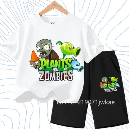 Children's Plants Vs. Zombies Short-Sleeved T-Shirt Set Cotton Summer Fashion Comfortable Top+pants for Boys and Girls