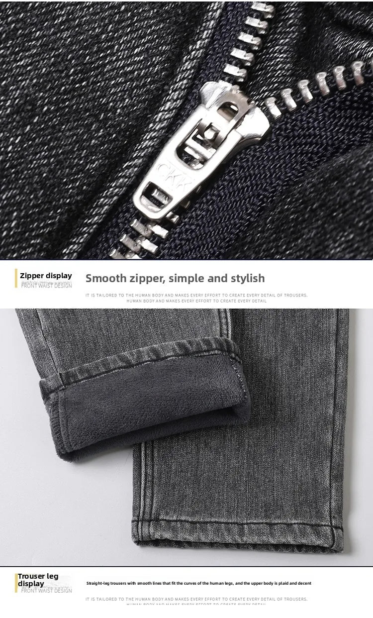 Winter Warm Jeans Men's Slim Straight Elastic Denim Pants Casual Male Clothing Fashion Plush Trousers New Hot Sale Fashion Jeans