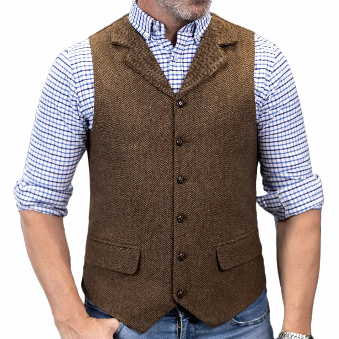 Men Vest Brown Herringbone Single Button With Lapel Waistcoat For Wedding Banquet Party Business Work Daily Casual Men Suit Vest