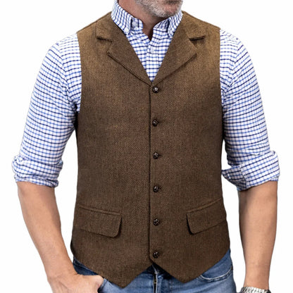 Men Vest Brown Herringbone Single Button With Lapel Waistcoat For Wedding Banquet Party Business Work Daily Casual Men Suit Vest
