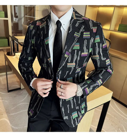 2025 New Luxury Denim Jacquard Suit Coats Men Fashion Slim Fit Suit Casual Business Party Coat Uniform Wedding Social Tailcoat