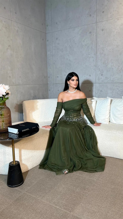Customized High Quality Sequin Off the Shoulder Empire Party Dress Floor Length Long Ruched Formal Evening Gowns