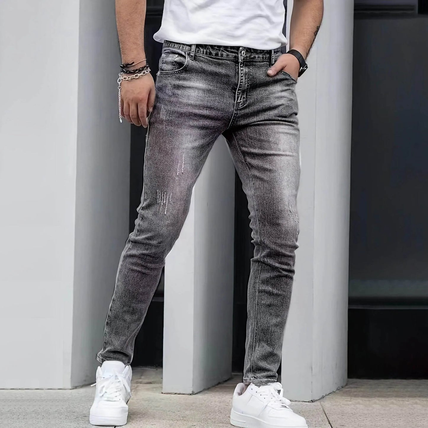 2025 New Men's Slim-Fit Snowflake Washed Jeans Four Seasons Stretch Denim Machine Washable Mid Stretch Casual Pants