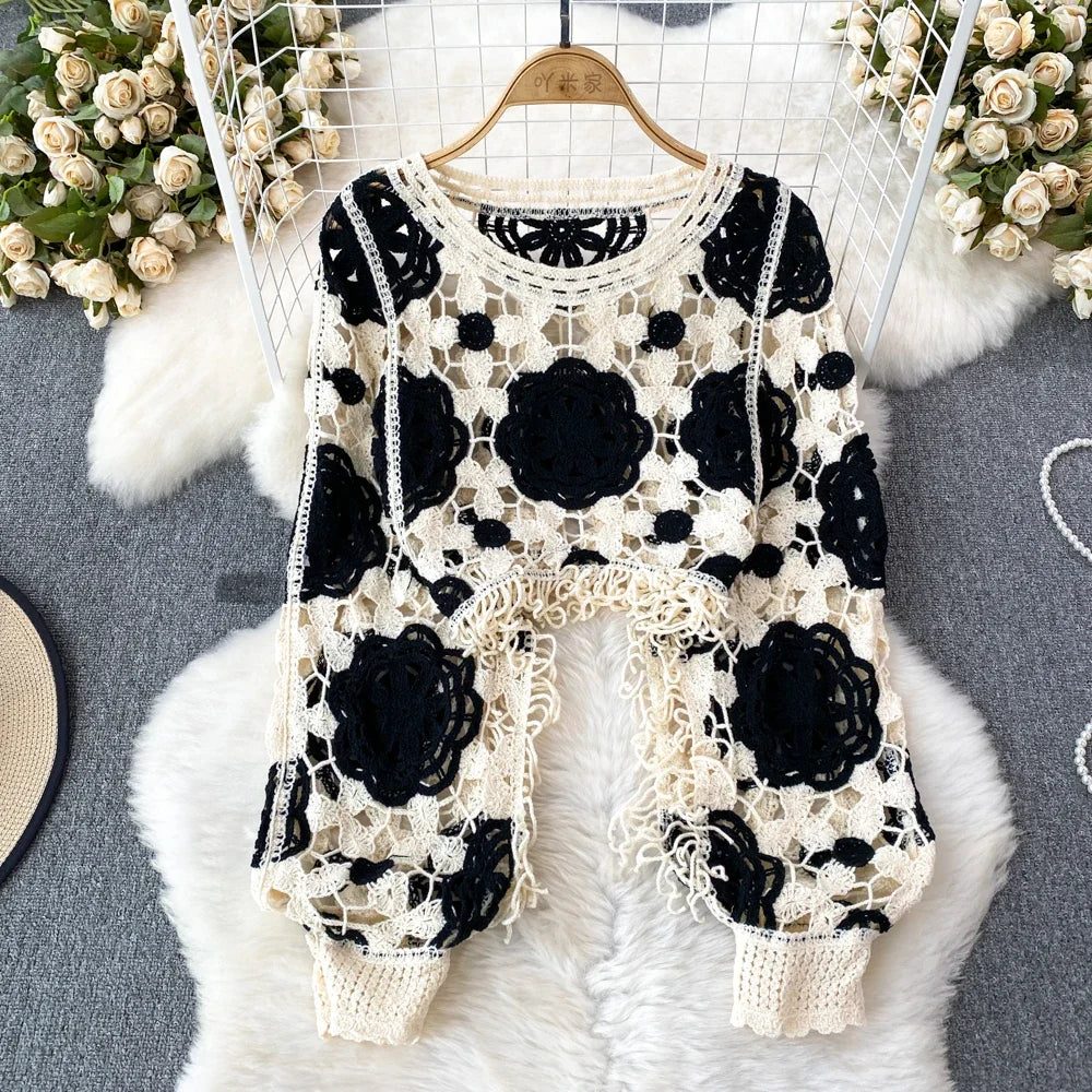 Hook Flower Hollow Out Tops Women Long Lantern Sleeves Tassels Vintage Bohemian Loose Beachwear Hotsweet Knit Blouse