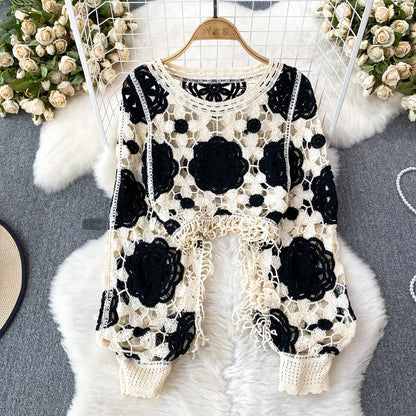 Hook Flower Hollow Out Tops Women Long Lantern Sleeves Tassels Vintage Bohemian Loose Beachwear Hotsweet Knit Blouse
