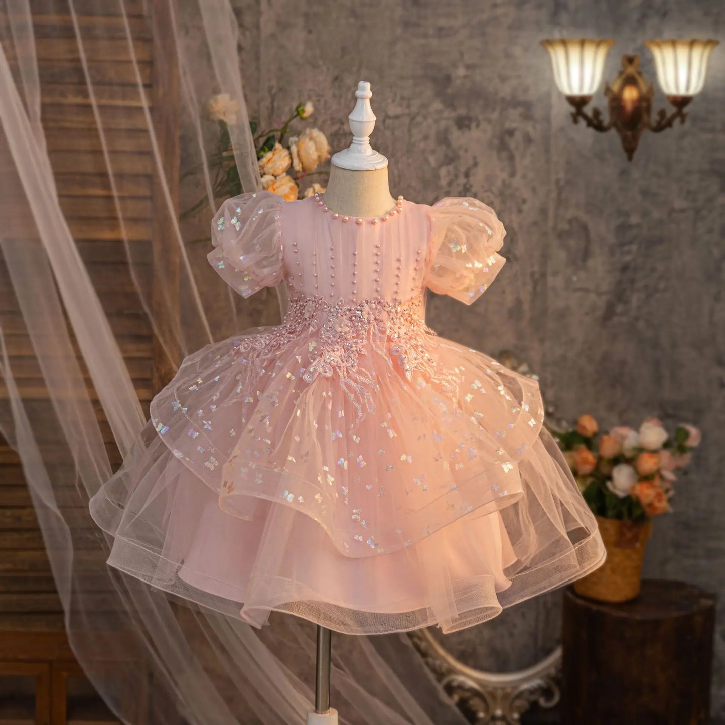 Summer New Girls' Bow Bead Embroidered Fluffy Skirt Baby Girl's Birthday Mesh Dress