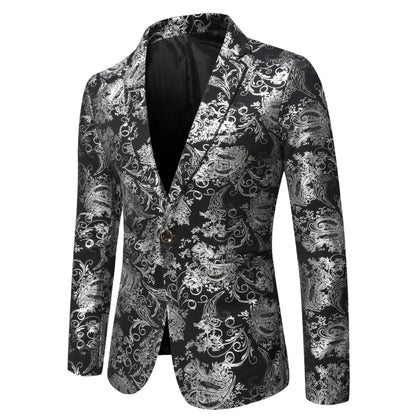 Men's Slim Fit Print Blazer Jacket 2025 Fashion Handsome Business Casual Silver Stage Show Suit Small Menswear