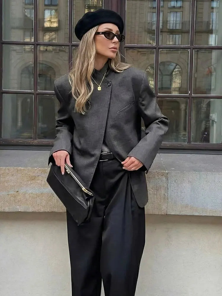 Women Casual Asymmetrical Dark Grey Blazer One Button Long Sleeve Jacket Coats 2026 Trend Vintage Solid Office Blazers