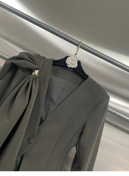 Elegant Waist-Tie Blazer Jacket Women Bowknot Office Suit Top Chic Designer Small Brand Fashion Outerwear