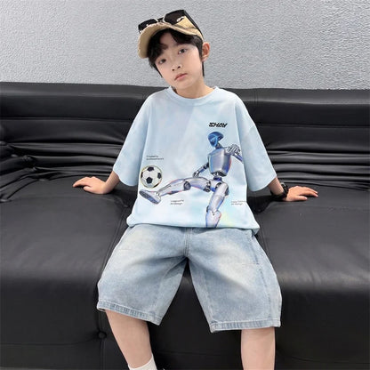 Tween Boys Summer Sets Clothing Child Tshirt Denim Shorts Two Pieces Sports Suit For Kids Teenagers 5 6 7 8 9 10 11 12 13 14 Yrs