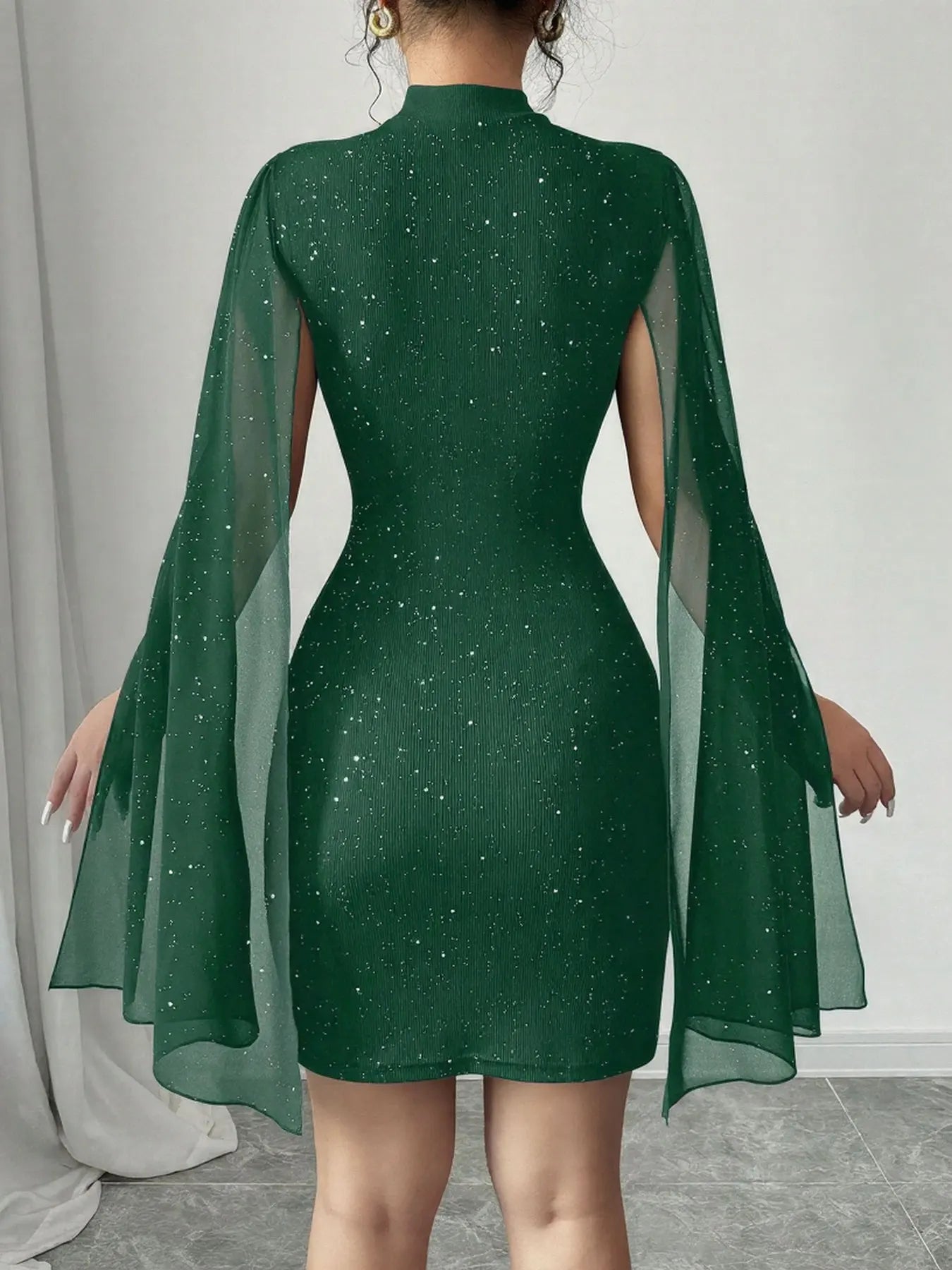 Sexy Women's Stand Collar Cape Mini Dress Sequins Sparkling Club Party Night Out Fitted Bodycon Elegant Autumn Winter