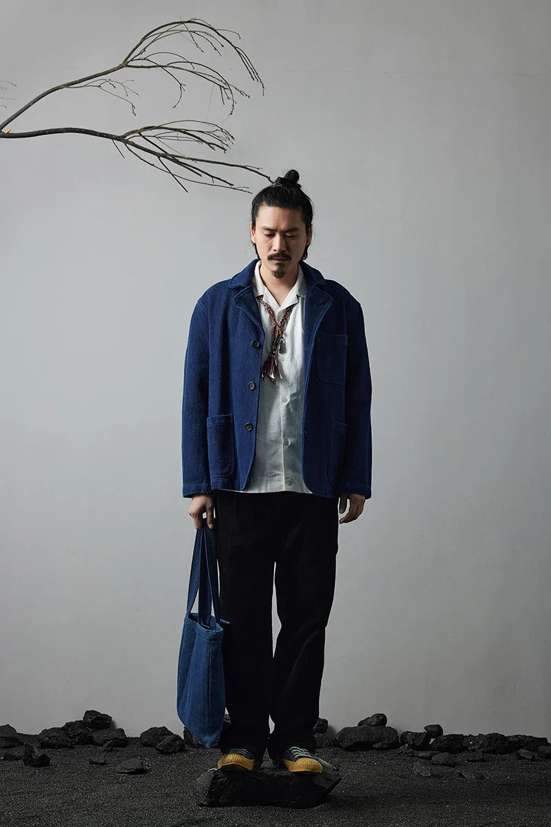 Heavy Weight Indigo Jacket Men Autumn Winter Vintage Workwear Tooling Jacket Blue Dyed Kendo Fabric Multi-pocket Cardgian Coat