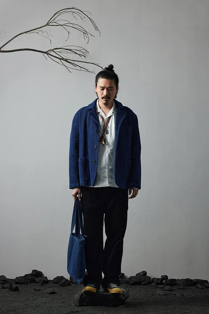 Heavy Weight Indigo Jacket Men Autumn Winter Vintage Workwear Tooling Jacket Blue Dyed Kendo Fabric Multi-pocket Cardgian Coat