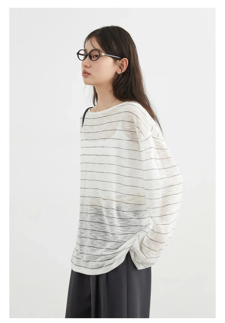 Korean Women T-Shirts Loose Casual New Striped Long Sleeve Sunscreen Shirt Designed Female Tees Summer 2025