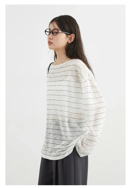 Korean Women T-Shirts Loose Casual New Striped Long Sleeve Sunscreen Shirt Designed Female Tees Summer 2025