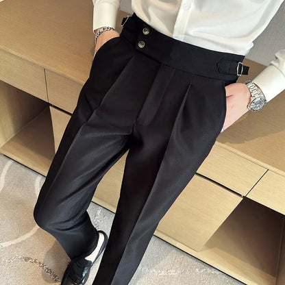 British Style Naples Solid Color High Waist Suit Pants High Quality Men Formal Business Social Party Wedding Casual Trousers