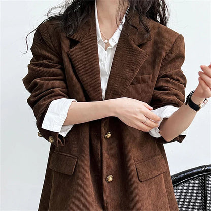 Brown Corduroy Suit Jackets Women's Spring New Fashion Loose Casual Blazers Notched Collar Single Breasted Pockets Female Tops