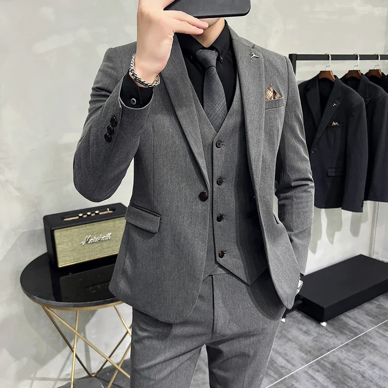 S-7XL Jacket Vest Pants Luxury Elasticity Boutique Fashion Men's Solid Color Casual Business Suit 3-piece Sets Groom Wedding