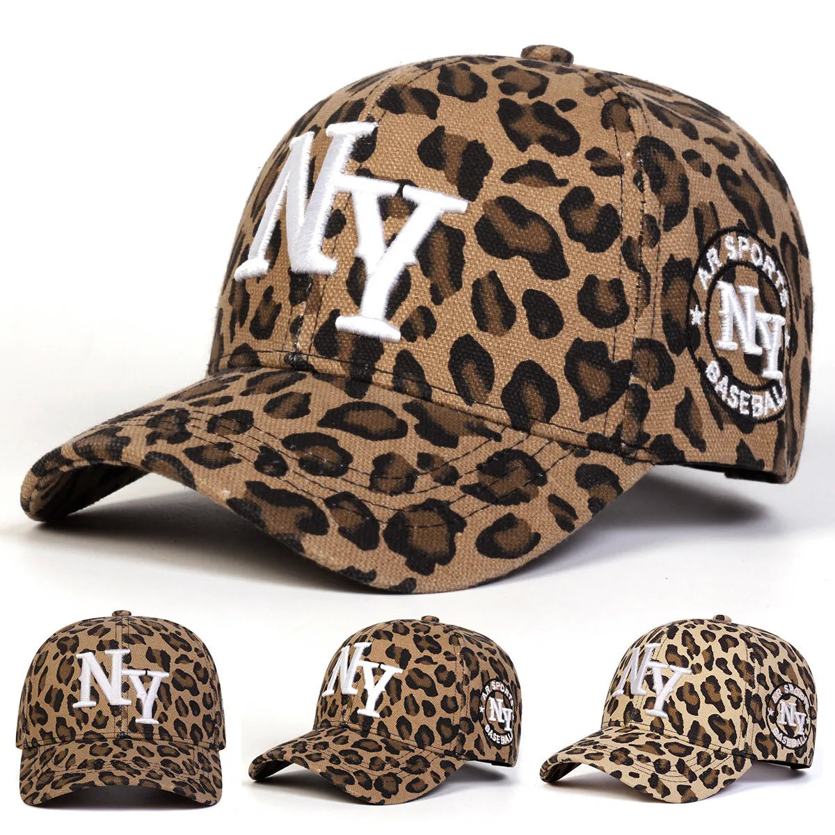 Leopard Print Baseball Cap with New York Embroidery Adjustable N.Y. Cotton Hat for Men and Women Casual and Sporty Look