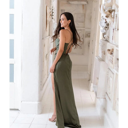 New Summer Prom Dress Women'S Sling Sleeveless Solid Color Dress One Word Neck Slim Fit Open Back Slit Red Sexy Dress