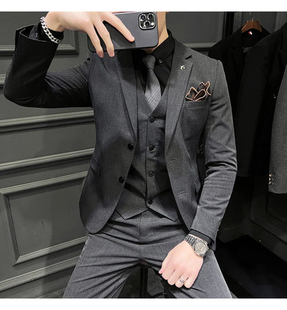 ( Blazer + Vest + Pants ) Boutique Fashion Solid Color Men's Slim Casual Business Suit Three-piece Set Groom Wedding Dress Party