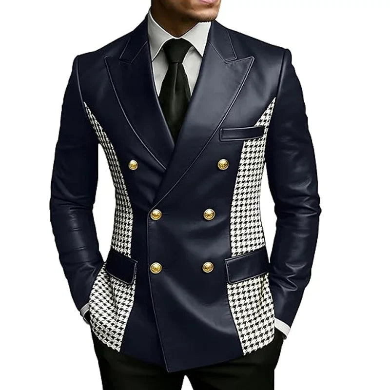 Men’s Brown Leather Blazer With Houndstooth Sides Vintage Two-Tone Double Breasted Slim Fit Gold Buttons Leather Tuxedo Jacket
