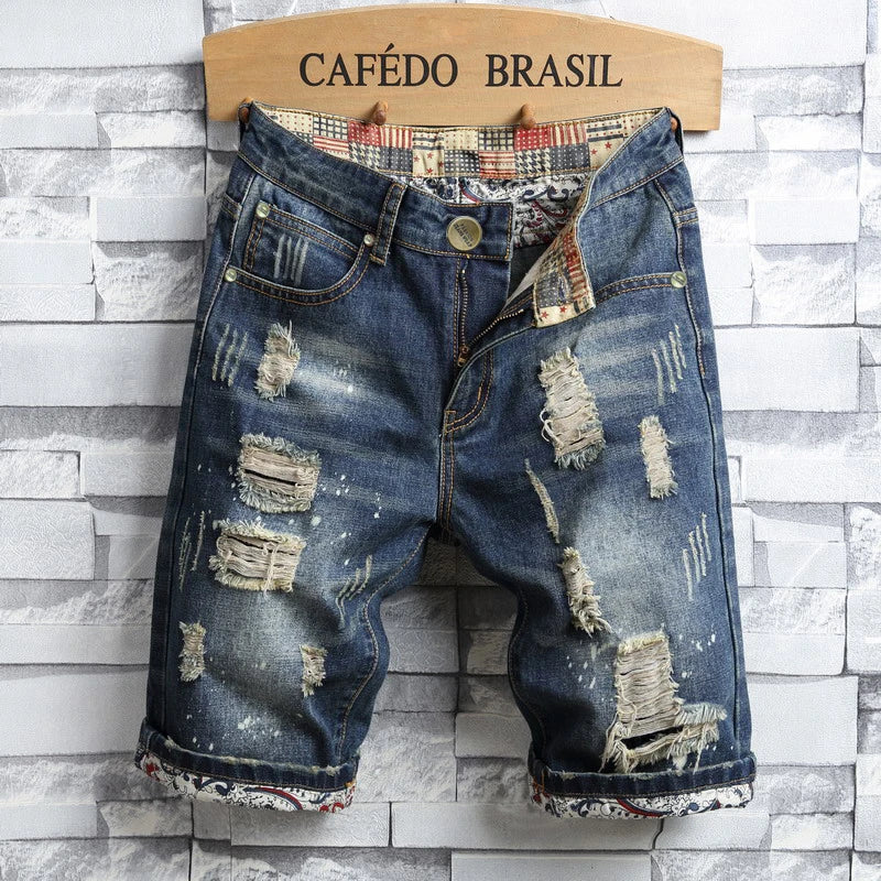 Brand Clothing New Summer Ripped Hole Denim Shorts Men Cotton Thin Straight Retro Biker Knee Length Short Jeans Male Streetwear
