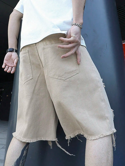 Men Summer Stretchy Denim Shorts Jeans for Men Streetwear Style Ripped Denim Shorts with High Stretch Knee Baggy Comfort Pants