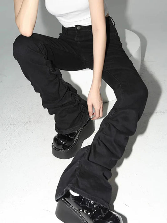 Stacked Flare Jeans Women Black Trousers Goth Retro Solid Stretch High Rise Boot Cut Pants Japanese Korean Y2k Fashion