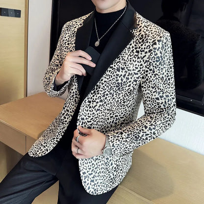 Splicing Leather Neck Casual Suit Jacket Fashion Leopard Men's Business Slim Fit Social Formal Blazers Wedding Groom Tuxedos