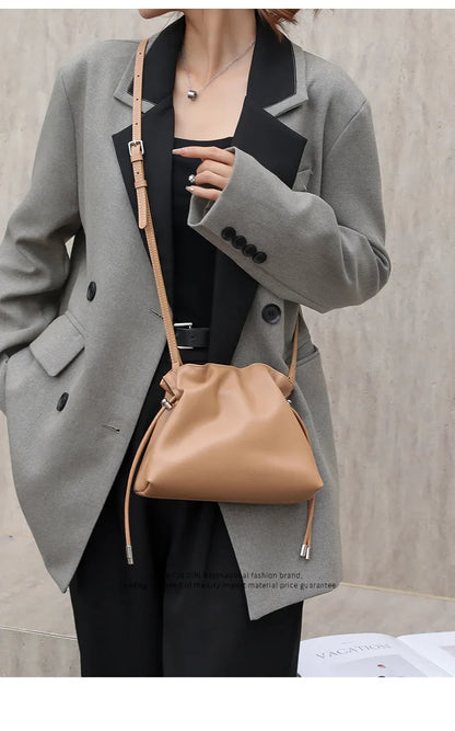 Luxury Pleated Cloud Crossbody Bag - Premium Genuine Leather Drawstring Shoulder Purse, Versatile Small Bag for Elegant Lady