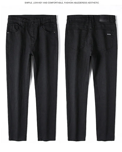 Men's Pure Black Slim Jeans Elastic Straight Pants Business Fashion Leisure Korean Vintage Skinny Small Feet Denim Pants Male