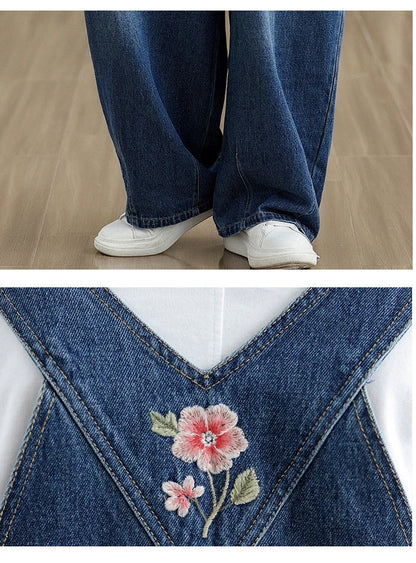 Spring 2025 New Vintage Large Size Loose Embroidered Denim Overalls High Waist Long Pants Women's Faion Casual Jeans
