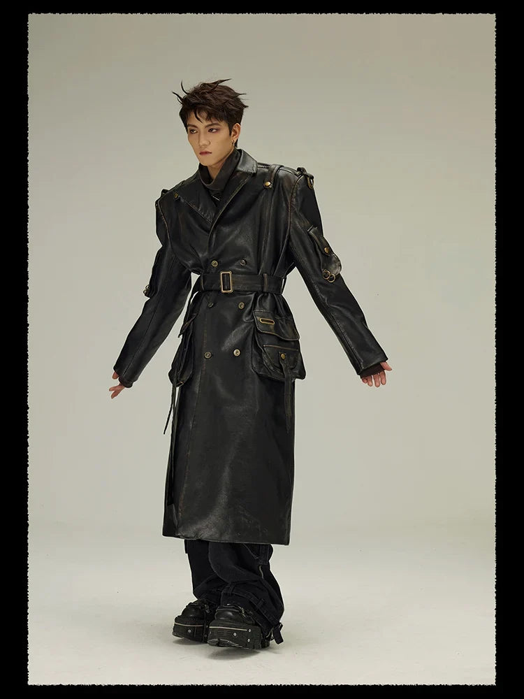 Spring Autumn Long  Distressed Black Pu Leather Trench Coat Men Belt Double Breasted Luxury European Fashion 2023