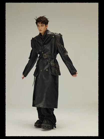 Spring Autumn Long  Distressed Black Pu Leather Trench Coat Men Belt Double Breasted Luxury European Fashion 2023