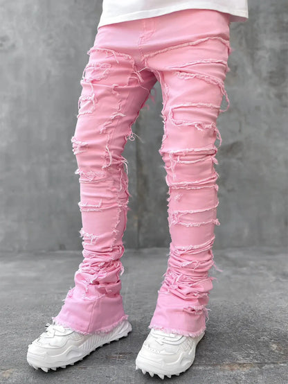 New European and American Heavyweight Streetwise Stretch Patch Jeans for Men, High Street Straight Fit Long Jeans16-3001