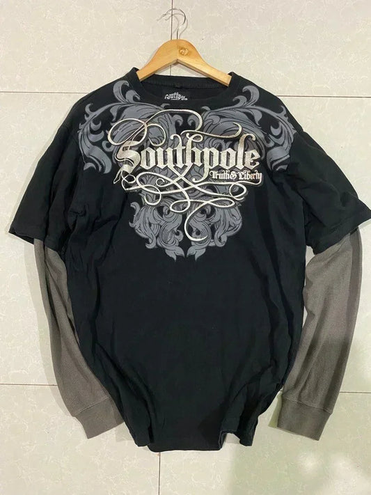 90s Sun Proof American New Trend Fake Two Piece Long Sleeved T shirts Women Harajuku Hip-Hop Gothic Casual Tops Street Wear
