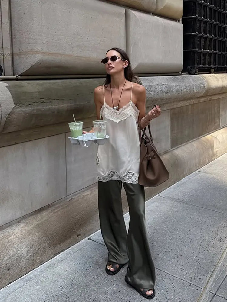 Women Sexy V-neck Satin Sling Maxi Dresses Chic White Lace Patchwork Sleeveless Backless Slim Gowns Summer Evening Party Dress