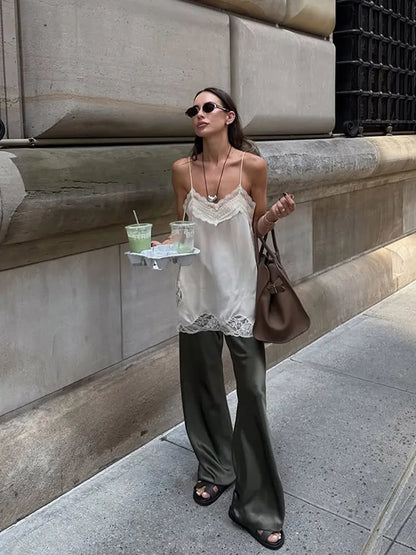 Women Sexy V-neck Satin Sling Maxi Dresses Chic White Lace Patchwork Sleeveless Backless Slim Gowns Summer Evening Party Dress