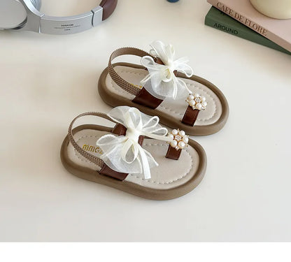 Brand Designer Ribbons Sandals for Girls Beaded Flip Flop Evening Party Dress Shoes Tulle Bow-tie Child Shoes Girl Sandal I06034