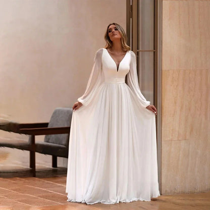 Customized Wedding Dresses for Bride  Long Sleeves V Neck Simple Bridal Gown with Pearls A Line Robe De Mariee