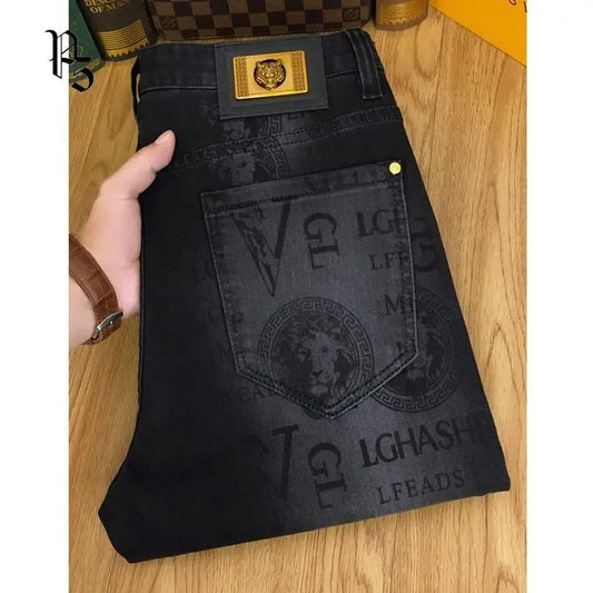 Spring and Autumn Korean Slim Jeans for Men 2025 High-end Luxury Clothing Black Printing Mid-waist Stretch Casual Pencil Pants