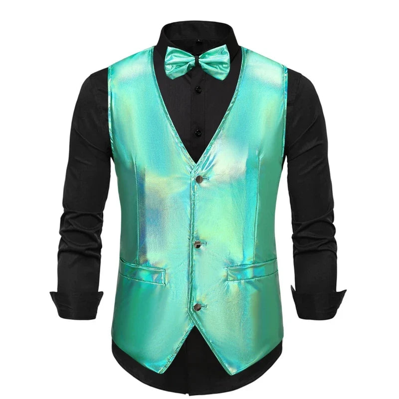 2025 New Gold, Silver, Pink, Purple Disco Glitter Vest for Men, Six Color Bright Men's Waistcoat with Bow Tie, Eur Size S-2XL
