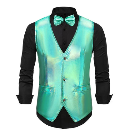 2025 New Gold, Silver, Pink, Purple Disco Glitter Vest for Men, Six Color Bright Men's Waistcoat with Bow Tie, Eur Size S-2XL